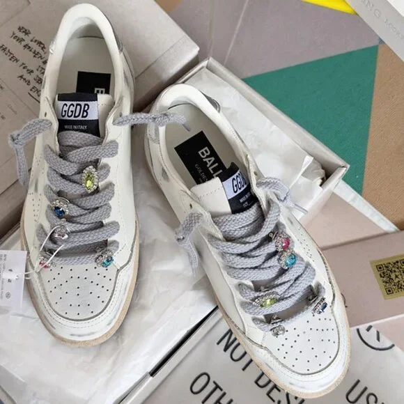 Golden Goose Men's White Sparkling Rhinestone Dirty Shoes - Picture 1 of 7